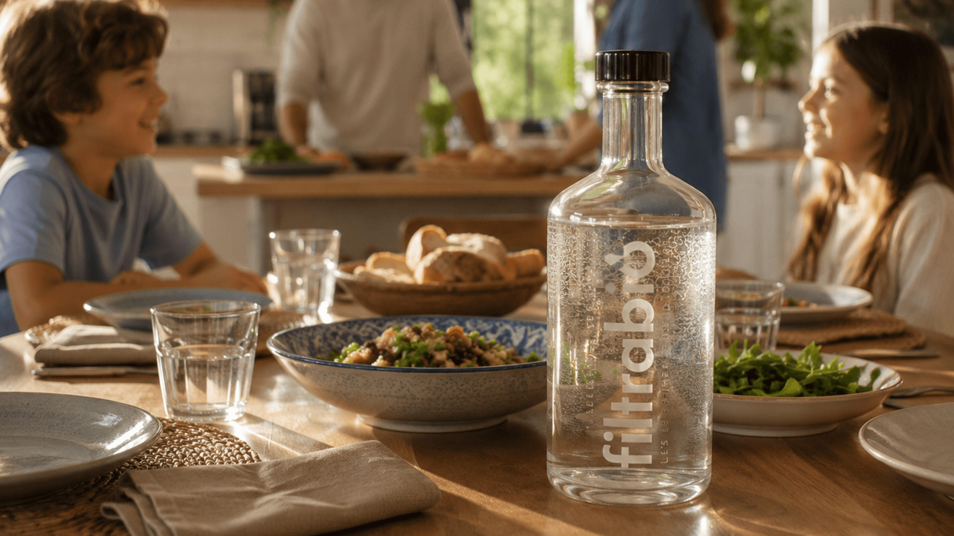 Cuisine familiale avec carafe d'eau Filtrabio — shooting Filtrabio