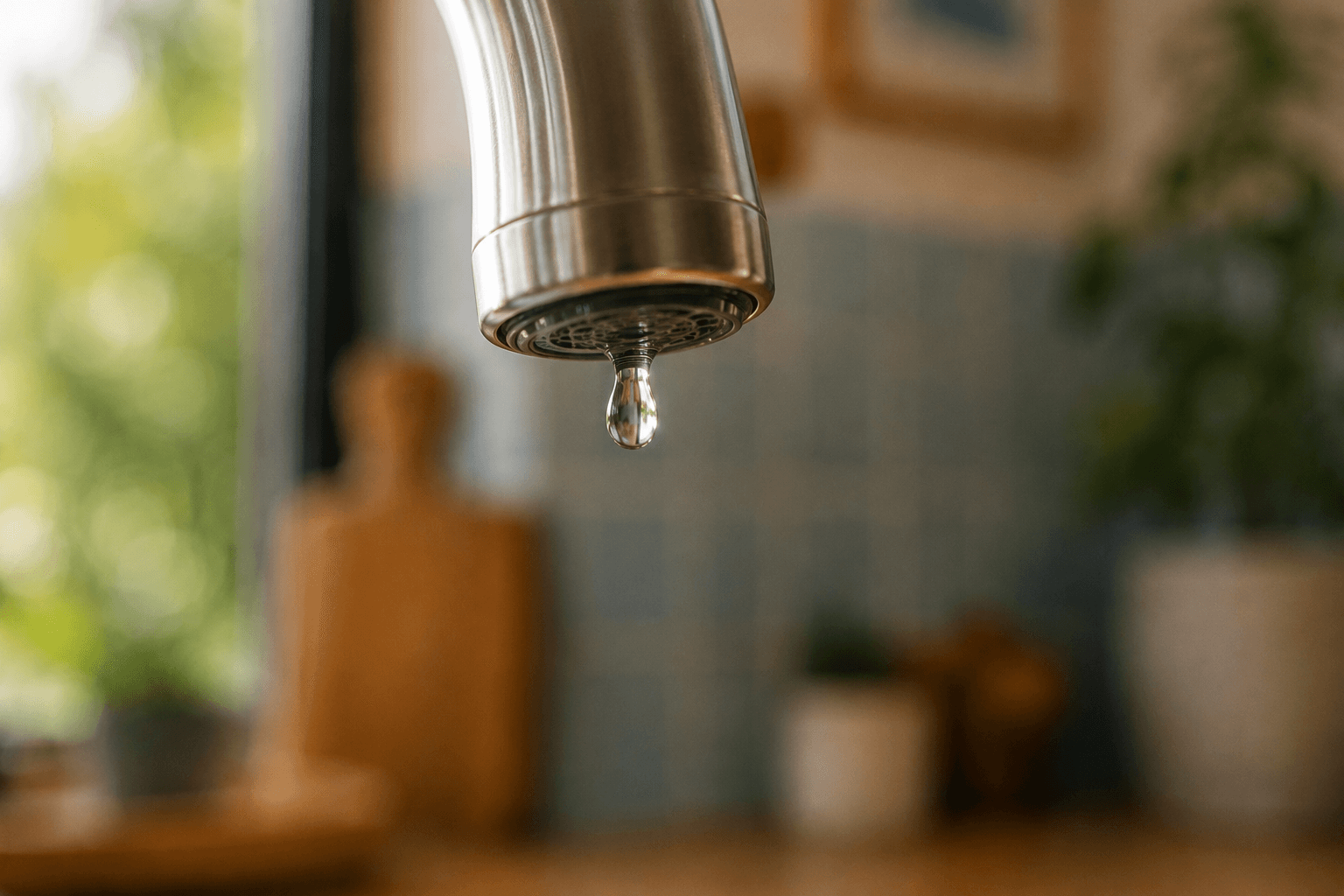 Gros plan d'une goutte d'eau filtrée Filtrabio en cuisine — shooting Filtrabio