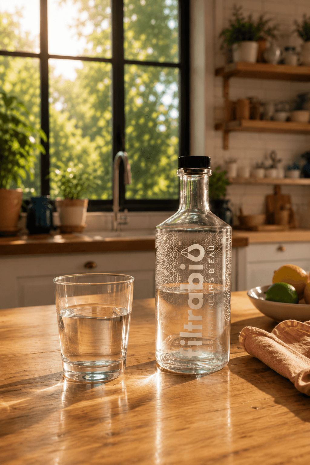 Carafe et verre d'eau raffinée Filtrabio dans une cuisine baignée de lumière